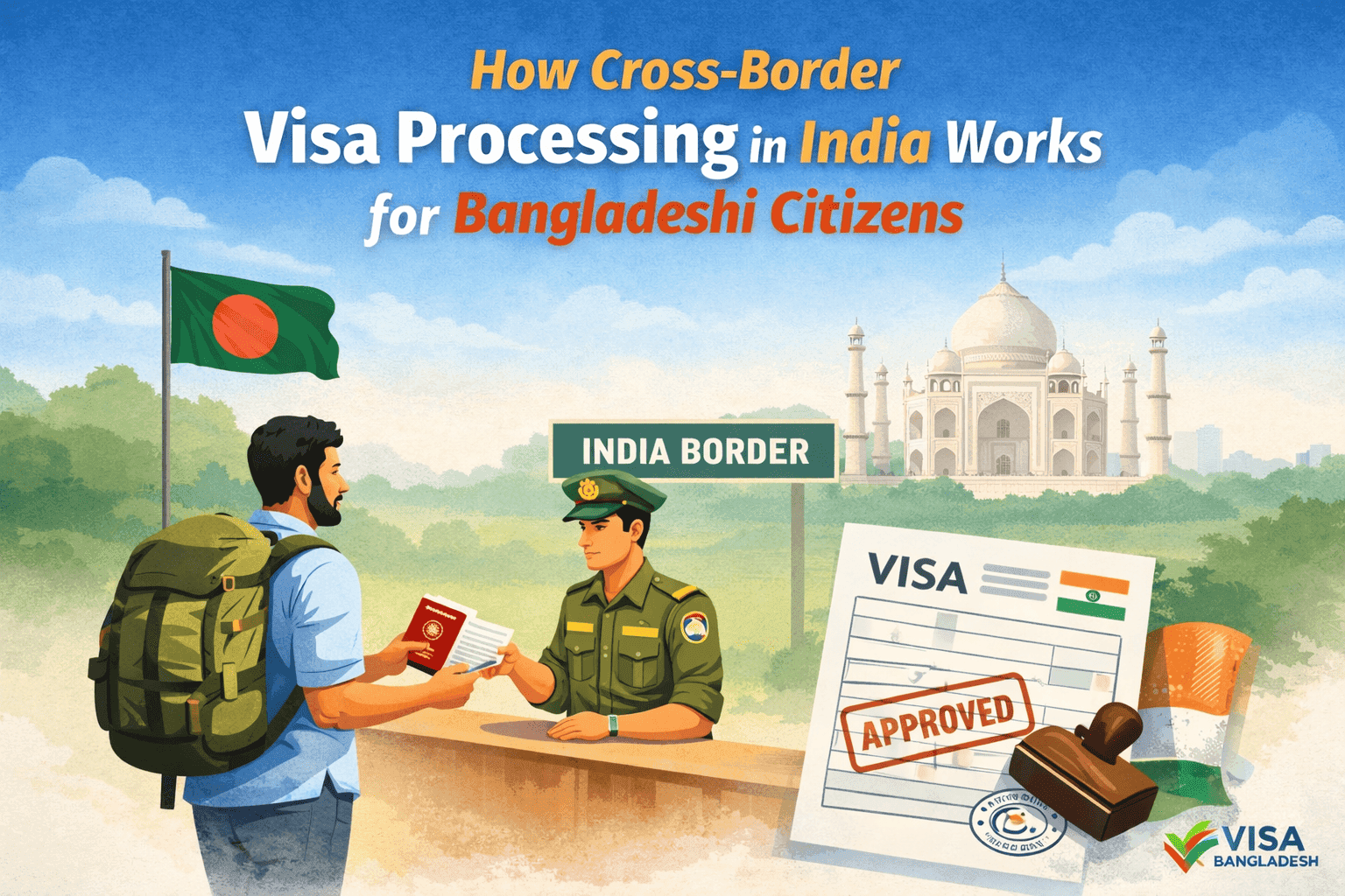 cross-border visa processing in India for Bangladeshi citizens showing passport verification at an India border checkpoint