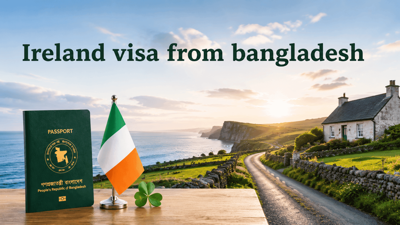 Ireland visa from Bangladesh with Irish countryside background, Bangladesh passport, and VISAThing logo