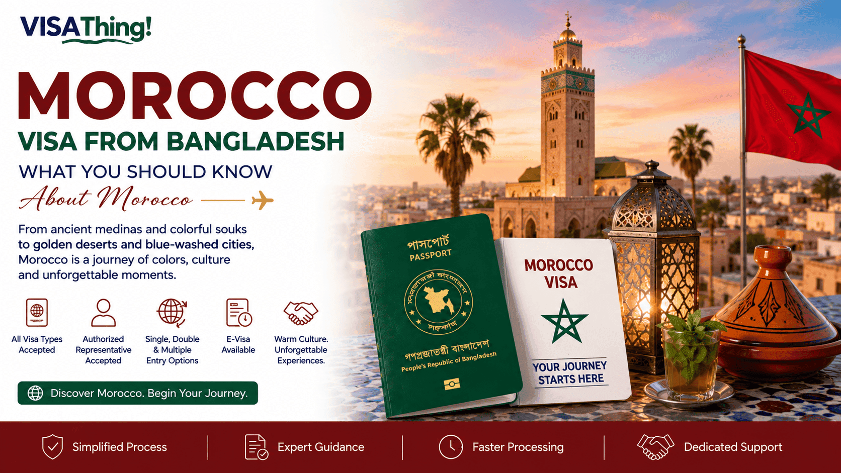 Morocco visa from Bangladesh guide featuring a Bangladeshi passport, Morocco visa, and Hassan II Mosque with essential travel information for Bangladeshi applicants.