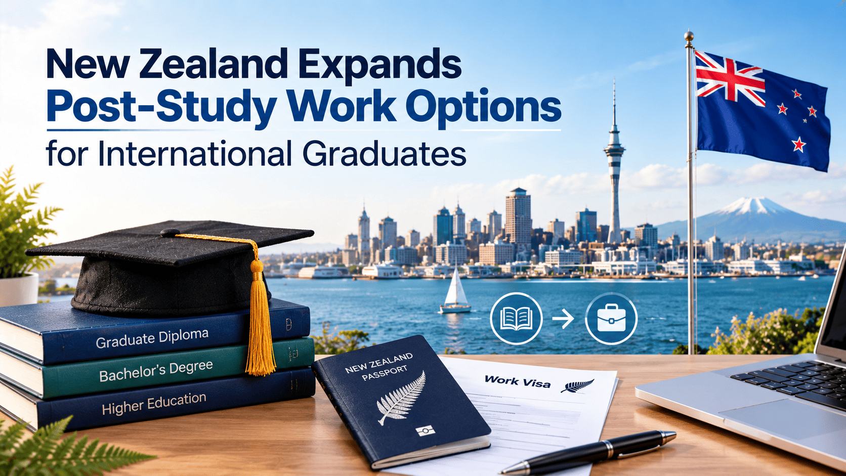 New Zealand skyline with graduation cap, study materials and work visa documents representing expanded post-study work options for international graduates.