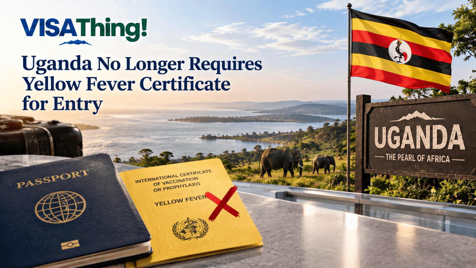 Uganda travel scene with the national flag, passport and crossed-out yellow fever certificate representing the updated entry requirement.