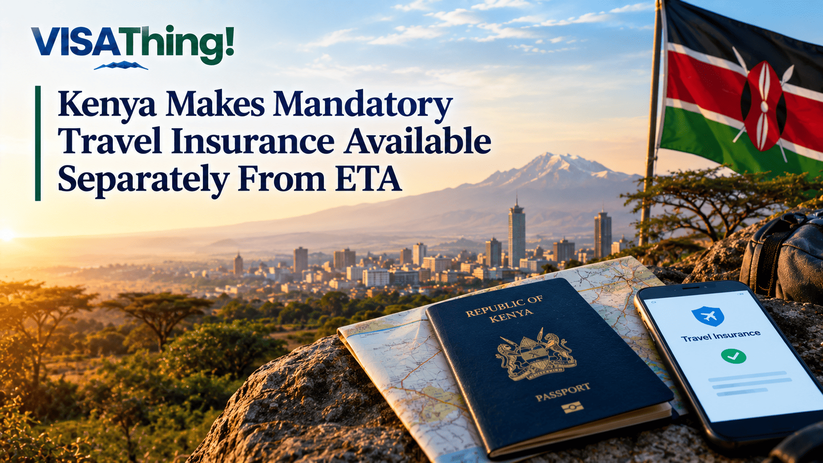 Kenya travel insurance and ETA update represented by a Kenyan passport, travel map and insurance confirmation against a Nairobi and Mount Kenya backdrop.