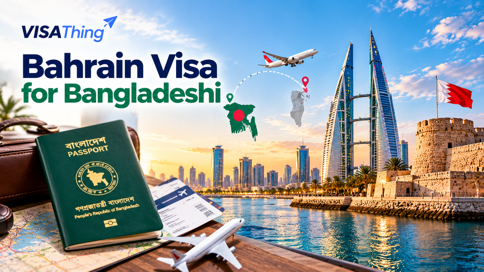 Bahrain visa for Bangladeshi citizens featuring a green Bangladesh passport, Bahrain World Trade Center, Bahrain flag, and travel route from Bangladesh.