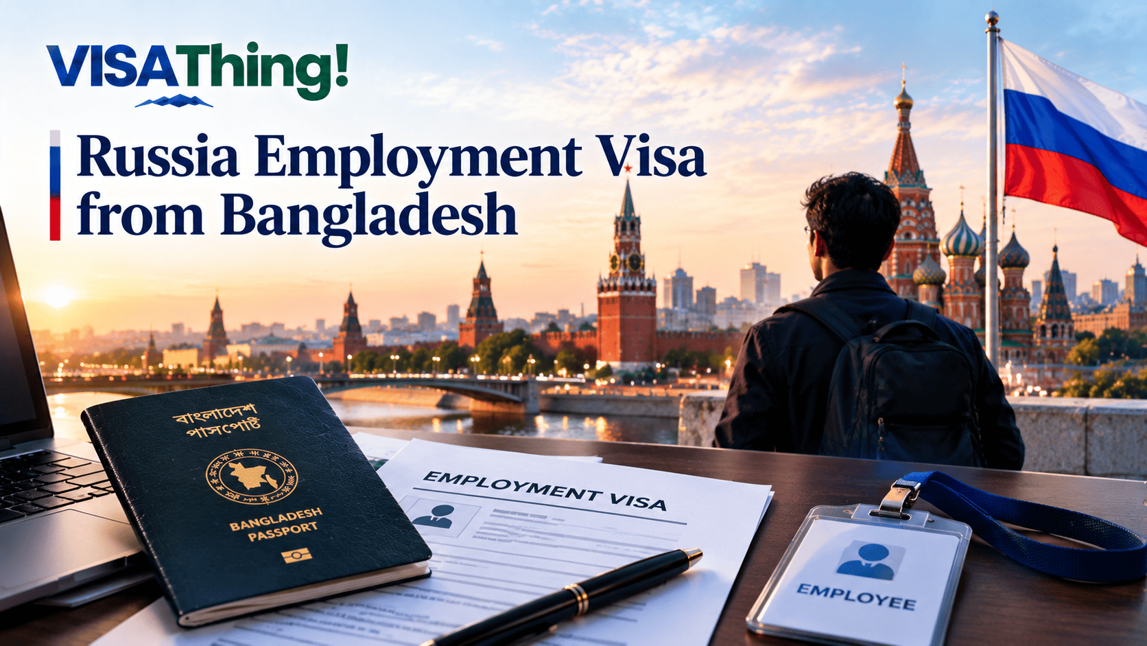 Bangladeshi worker with a backpack overlooking Moscow, alongside a Bangladeshi passport, employment visa documents and employee ID, representing the Russia Employment Visa from Bangladesh.