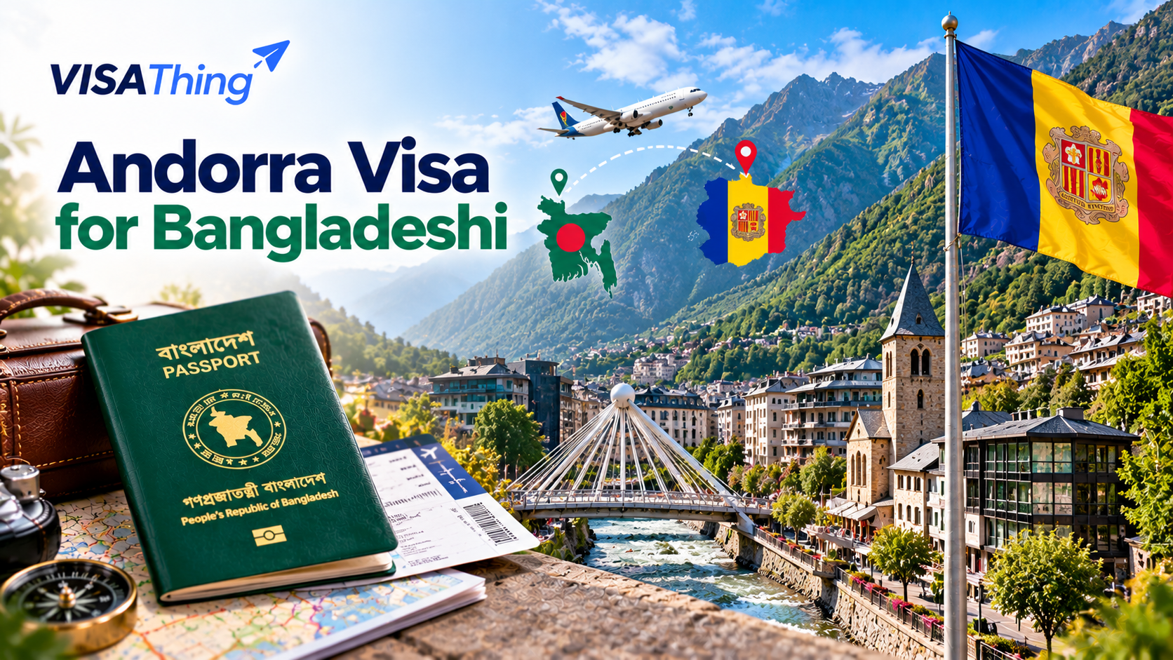 Andorra visa for Bangladeshi citizens featuring a green Bangladesh passport, Andorran flag, Pyrenees mountains, Andorra la Vella, and Bangladesh-to-Andorra travel route.