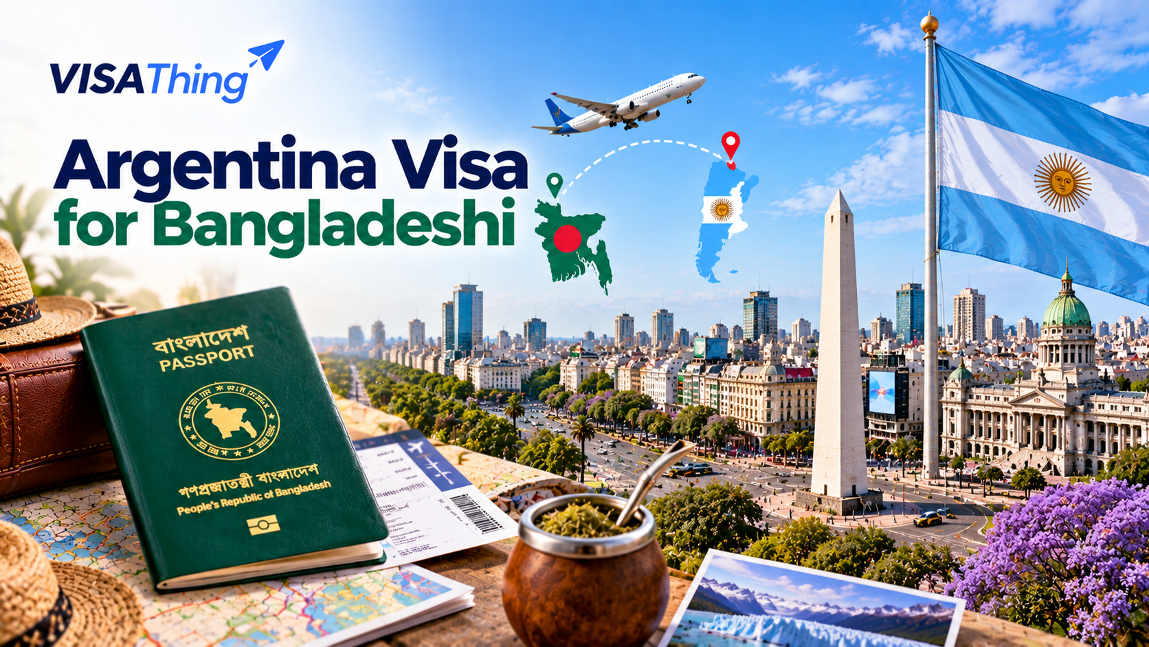 Argentina visa for Bangladeshi citizens featuring a green Bangladesh passport, Argentine flag, Buenos Aires Obelisk, city skyline, and Bangladesh-to-Argentina travel route.