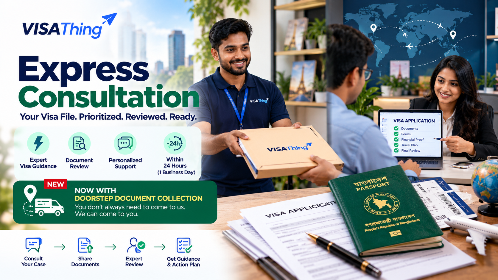 VISAThing Express Consultation service featuring expert visa guidance, document review, personalized support, and doorstep document collection in Bangladesh.