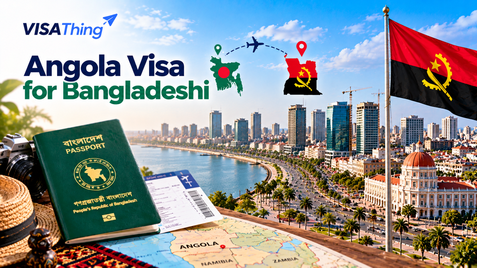 Angola visa for Bangladeshi citizens featuring a green Bangladesh passport, Angolan flag, Luanda skyline, and Bangladesh-to-Angola travel route.